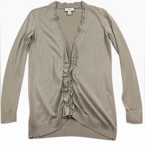 LOFT Taupe Ruffle-Front V Neck Button Up Cardigan Sz. Med